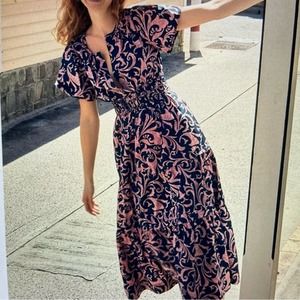 By Anthropologie Navy Pink Floral Somerset Maxi Dress XS